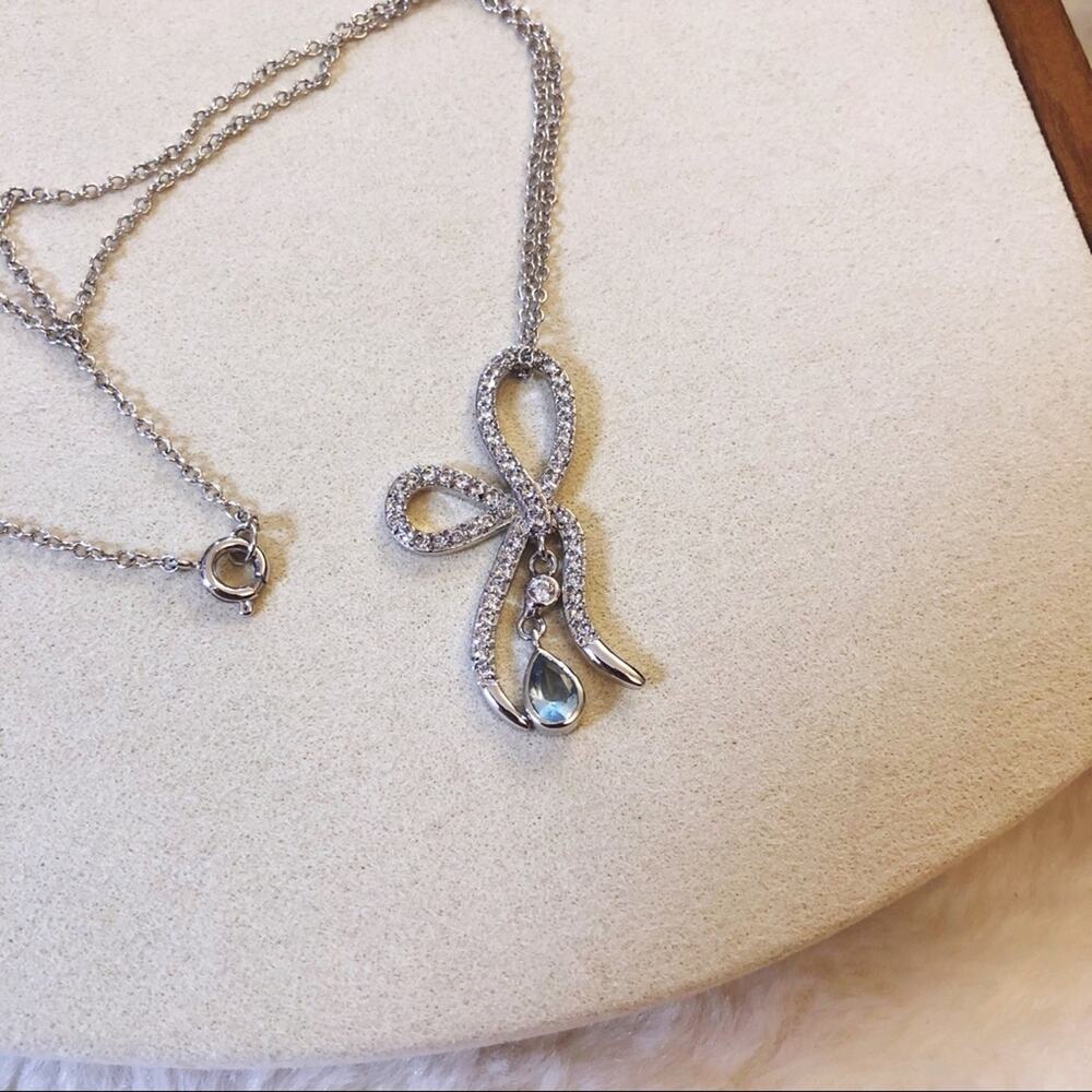 Silver Ribbon with Blue Crystal Necklace - Picture 6 of 10